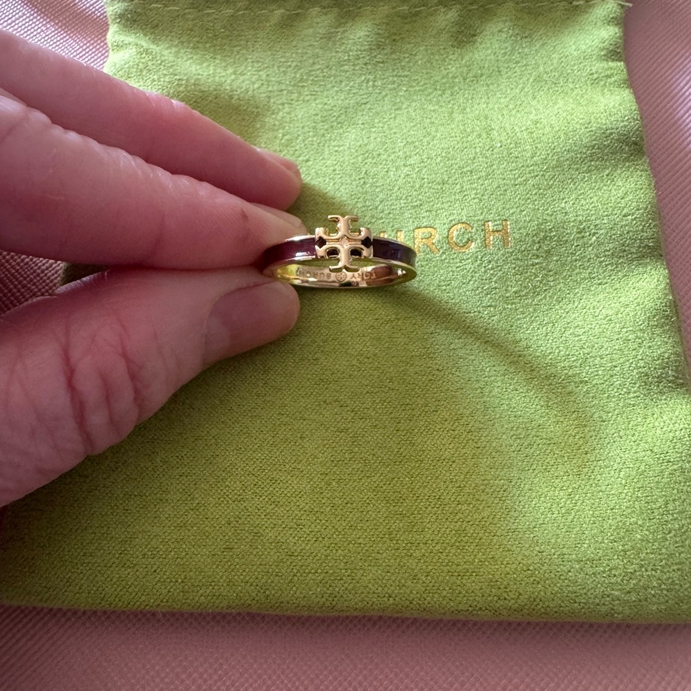 Tory Burch Gold and Burgundy Logo Ring Size 6.5